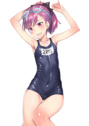 Rule 34 | 1girl, armpits, arms up, black bow, blue one-piece swimsuit, bow, breasts, collarbone, commentary request, covered navel, fate/grand order, fate (series), goggles, goggles on head, h kasei, hair bow, helena blavatsky (fate), helena blavatsky (swimsuit archer) (fate), helena blavatsky (swimsuit archer) (first ascension) (fate), legs together, name tag, one-piece swimsuit, parted lips, ponytail, purple eyes, purple hair, school swimsuit, short hair, simple background, small breasts, smile, solo, swimsuit, teeth, translation request, white background