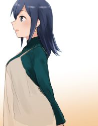 Rule 34 | 1girl, arms behind back, beige background, beige dress, blue eyes, blue hair, breasts, commentary request, gradient background, green sweater, hair down, kantai collection, large breasts, long hair, official alternate costume, profile, satsumi, see-through, solo, souryuu (kancolle), sweater, turtleneck, white background