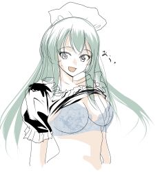 Rule 34 | 1girl, alternate costume, blue bra, blush, bra, breasts, clothes lift, enmaided, hair ornament, hairclip, highres, kantai collection, large breasts, looking at viewer, maid, open mouth, shirt lift, solo, suzuya (kancolle), sweatdrop, tada (tactical tada), underwear, upper body