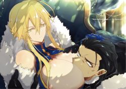 Rule 34 | 1boy, 1girl, agravain (fate), armor, artoria pendragon (fate), artoria pendragon (lancer) (fate), between breasts, black hair, blonde hair, braid, breasts, commentary request, english text, fate/grand order, fate (series), french braid, fur trim, hair between eyes, hand on another&#039;s head, head between breasts, huge breasts, long bangs, nogi (acclima), short hair