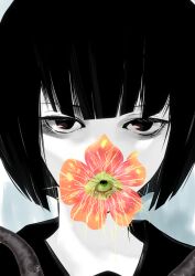 Rule 34 | 1girl, black eyes, black hair, black sailor collar, bob cut, commentary request, covered mouth, disembodied eye, expressionless, flower, flower over mouth, grey background, looking at viewer, maki (nasulily), nene nene, pale skin, pink flower, portrait, sailor collar, sanpaku, short hair, solo, utau