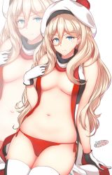 Rule 34 | 1girl, arm at side, artist name, blonde hair, blue eyes, bobblehat, breasts, breasts apart, closed mouth, frown, gloves, hair between eyes, hat, highres, kantai collection, lips, long hair, looking at viewer, medium breasts, mole, mole under eye, mole under mouth, multicolored clothes, multicolored scarf, navel, osterei, panties, red panties, red ribbon, ribbon, richelieu (kancolle), scarf, scarf over breasts, side-tie panties, simple background, sitting, skindentation, solo, stomach, thighhighs, topless, twirling hair, underwear, v-shaped eyebrows, very long hair, white background, white gloves, white hat, white thighhighs, zoom layer