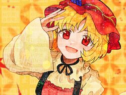 1girl aki_minoriko blonde_hair grape_hat_ornament hat itomugi-kun looking_at_viewer red_eyes red_hat short_hair smile solo too_many_watermarks touhou upper_body watermark watermark_grid wide_sleeves