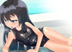 Rule 34 | 1girl, asashio (kancolle), bad id, bad pixiv id, black hair, black one-piece swimsuit, blue eyes, character name, commentary request, cowboy shot, embarrassed, half-closed eyes, kantai collection, kooka kenji, legs together, long hair, looking at viewer, looking to the side, lying, name tag, on side, one-piece swimsuit, open mouth, school swimsuit, solo, swimsuit