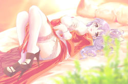 Rule 34 | 1girl, bed, breasts, covered erect nipples, frilled thighhighs, frills, garter belt, high heels, high priest (ragnarok online), lace, lace-trimmed panties, lace trim, long hair, lying, medium breasts, panties, pillow, pink eyes, pink hair, priestess, ragnarok online, shoes, solo, thighhighs, underwear, white panties, white thighhighs