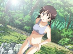 Rule 34 | 1girl, blush, bra, breasts, brown eyes, brown hair, gertrud barkhorn, groin, large breasts, long hair, looking at viewer, nagase yutaka, navel, outdoors, panties, panty pull, pussy, sports bra, standing, strike witches, twintails, underwear, white bra, white panties, world witches series