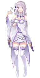 Rule 34 | 1girl, :d, absurdres, blunt bangs, blush, boots, braid, breasts, cleavage, crown braid, detached collar, detached sleeves, emilia (re:zero), flower, frilled sleeves, frills, full body, hair flower, hair ornament, hair ribbon, highres, long hair, long sleeves, looking at viewer, medium breasts, miniskirt, open mouth, pigone, pleated skirt, pointy ears, puck (re:zero), purple eyes, purple ribbon, re:zero kara hajimeru isekai seikatsu, ribbon, silver hair, simple background, skirt, smile, solo, standing, thigh boots, thighhighs, very long hair, white background, white flower, white footwear, white skirt, white sleeves, wide sleeves, zettai ryouiki