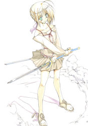 Rule 34 | 00s, 10mo, 1girl, artoria pendragon (fate), blonde hair, blue eyes, crossed arms, dual wielding, fate/stay night, fate (series), holding, holding sword, holding weapon, pleated skirt, resized, saber (fate), sandals, skirt, solo, sword, weapon