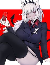 1girl, absurdres, alcohol, arm at side, artist name, ass, black jacket, black miniskirt, black neckwear, black skirt, black tail, blush, breasts, business suit, collared shirt, cup, demon girl, demon horns, demon tail, drinking glass, eyebrows visible through hair, formal, garter straps, gloves, hair ornament, helltaker, highres, horns, jacket, large breasts, legs crossed, long hair, looking to the side, lucifer (helltaker), mole, mole under eye, necktie, neckwear, open mouth, puzenketsu, red background, red eyes, red shirt, shirt, simple background, sitting, skirt, solo, suit, tail, thighhighs, white gloves, white hair, white horns, wine, wine glass