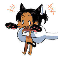Rule 34 | 1girl, animal ears, animal hands, arung samudra (cessa), barefoot, black hair, cat ears, cat paws, cat tail, censored nipples, cessa, chibi, convenient censoring, dark-skinned female, dark skin, english text, fake animal ears, fangs, gloves, holding person, lowres, navel, no nose, nude, ombok diving and delivery services, open mouth, paw gloves, sign, simple background, smile, tail, white background