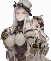 Rule 34 | 10s, 2girls, abyssal ship, ahoge, blush, breasts, carrying, claws, colored skin, corset, detached sleeves, dress, goggles, goggles on head, hat, horns, kantai collection, large breasts, long hair, looking at viewer, mittens, multiple girls, northern ocean princess, pale skin, piggyback, red eyes, ribbed dress, seaport princess, simple background, single horn, steampunk, walzrj, white background, white dress, white hair, white skin