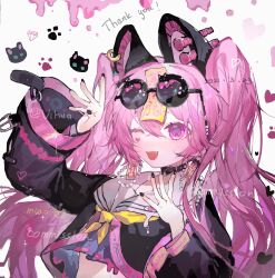 1girl animal_ears arm_up belt_collar black_collar black_shirt cat_ears cat_girl chinese_commentary collar commentary_request commission cropped_shirt dated english_text eyewear_on_head facial_mark fang hair_between_eyes heart heart_facial_mark highres long_hair long_sleeves mark_under_eye neckerchief ofuda ofuda_on_head one_eye_closed open_mouth original pink_eyes pink_hair round_eyewear sailor_collar sailor_shirt shirt smile solo sunglasses thank_you twintails upper_body vihua6 watermark white_sailor_collar wide_sleeves yellow_neckerchief