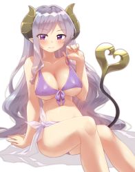 Rule 34 | 1girl, nanashi inc., arm support, bare arms, bare shoulders, bikini, blush, breasts, cleavage, closed mouth, collarbone, demon girl, demon horns, demon tail, feet out of frame, front-tie bikini top, front-tie top, hand up, highres, honey strap, horns, knees up, large breasts, lifted by self, mizunashi (second run), mole, mole under mouth, navel, parted bangs, purple bikini, purple eyes, purple hair, saionji mary, sarong, see-through, simple background, sitting, smile, solo, strap lift, swimsuit, tail, virtual youtuber, white background