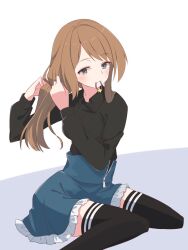 Rule 34 | 1girl, assault lily, black shirt, black thighhighs, blue skirt, blush, breasts, brown hair, closed mouth, collared shirt, commentary, foot out of frame, frilled skirt, frills, grey background, grey hair, gumoyu, hair ornament, unworn hair ornament, hair tie in mouth, hands up, herensuge girls academy school uniform, high-waist skirt, highres, iijima renka, light smile, looking ahead, low ponytail, medium breasts, miniskirt, mouth hold, open clothes, open skirt, school uniform, shirt, side ponytail, sitting, skirt, solo, star (symbol), star hair ornament, swept bangs, thighhighs, two-tone background, tying hair, unzipped, wariza, white background, zettai ryouiki, zipper pull tab