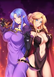 Rule 34 | 2girls, black gloves, blonde hair, blue eyes, blue hair, blush, braid, breasts, cape, caster class (fate), closed mouth, commission, cosplay, costume switch, cowboy shot, dagger, dress, elbow gloves, fate/stay night, fate (series), gloves, groin, holding, holding weapon, impossible clothes, impossible dress, knife, large breasts, long hair, looking at viewer, medea (fate), megatama, multiple girls, navel, original, pelvic curtain, pointy ears, purple dress, revealing clothes, rulebreaker, sidelocks, smile, weapon