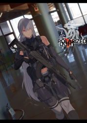 Rule 34 | 1girl, absurdres, ak-15, ak-15 (girls&#039; frontline), artificial eye, assault rifle, bare shoulders, black gloves, closed mouth, door, elbow gloves, fire extinguisher, girls&#039; frontline, gloves, gun, hair over one eye, handgun, highres, holding, holding gun, holding weapon, indoors, long hair, marotix, midriff, pink eyes, pistol, rifle, silver hair, standing, tactical clothes, very long hair, weapon, window