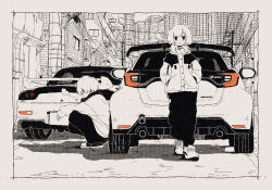 Rule 34 | 1boy, 1girl, breath, building, car, city, exhaust pipe, greyscale, hands in pockets, highres, jacket, jitome, long sleeves, looking at viewer, looking down, mazda rx-7, mazda rx-7 fd, monochrome, motor vehicle, nasu (056a083b), original, pants, parted lips, red theme, scarf, shoes, short hair, sneakers, spoiler (automobile), sports car, spot color, squatting, tail lights, toyota gr yaris, utility pole, vehicle focus, wheel, wire