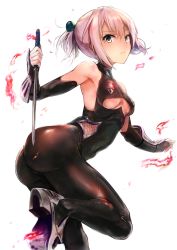 Rule 34 | 10s, 1girl, ass, bare shoulders, black pantyhose, blue eyes, blush, bodysuit, breasts, cleavage, cleavage cutout, clothing cutout, elbow gloves, from behind, gloves, highres, kantai collection, katana, kuzu (miduhana), looking at viewer, looking back, ninja, pantyhose, pink hair, ponytail, reverse grip, shiranui (kancolle), short hair, short ponytail, short sword, skin tight, solo, sword, weapon