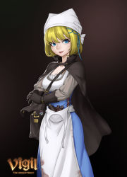 Rule 34 | 1girl, absurdres, apron, bag, black gloves, blonde hair, blue dress, blue eyes, blue ribbon, breasts, brown bag, brown cape, cape, collarbone, commentary request, dress, gloves, hair ornament, hair ribbon, highres, long sleeves, looking at viewer, medium breasts, open mouth, ribbon, short hair, shoulder bag, smile, solo, standing, sunkilow, teeth, upper teeth only, vigil the longest night, waist apron, white apron, white headwear