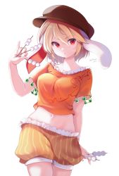 Rule 34 | :o, absurdres, animal ears, blonde hair, breasts, brown hat, cabbie hat, chikuwa savy, cowboy shot, dango, flat cap, floppy ears, food, frilled shirt collar, frilled shorts, frills, hat, highres, holding, holding food, looking at viewer, medium breasts, midriff, moon rabbit, navel, open mouth, orange shirt, rabbit ears, red eyes, ringo (touhou), shirt, short hair, shorts, simple background, striped clothes, striped shorts, touhou, wagashi, white background, yellow shorts