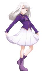 1girl absurdres boots clothes_lift dress fate/stay_night fate/stay_night_heaven&#039;s_feel fate_(series) highres holding_cloth illyasviel_von_einzbern long_hair long_sleeves looking_at_viewer necktie official_art purple_dress purple_footwear purple_necktie purple_shirt red_eyes shirt skirt skirt_lift smile solo ufotable white_background white_hair white_skirt