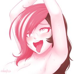 Rule 34 | 1girl, aftersex, ahegao, arms up, artist name, blush, breasts, brown hair, cleavage, collarbone, cslucaris, drooling, female focus, fucked silly, large breasts, long hair, looking up, monochrome, multicolored hair, naughty face, neo politan, nude, open mouth, pink hair, rolling eyes, rwby, saliva, sexually suggestive, smile, solo, spot color, sweat, tears, tongue, tongue out, two-tone hair, upper body, white background
