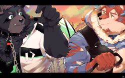 Rule 34 | 2boys, amduscias (housamo), animal collar, animal ears, bara, black fur, black tank top, blue hair, chain, chest tuft, collar, demon wings, facial mark, fur-trimmed hood, fur trim, furry, furry male, hand gesture, highres, holding, holding leash, hood, jacket, leash, letterboxed, looking at another, male focus, multiple boys, muscular, muscular male, orange sky, red fur, sawch cls, sky, tank top, thick eyebrows, tokyo houkago summoners, torn clothes, two-tone fur, upper body, white jacket, wings, yuma (housamo)