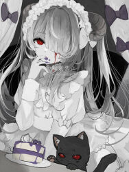 Rule 34 | 1girl, absurdres, black cat, blood, blood on face, bright pupils, cake, cake slice, cat, charlotte (okome 0216), commentary, cowboy shot, dress, english commentary, food, goat horns, grey hair, hair over one eye, hand up, highres, horns, juliet sleeves, limited palette, long dress, long hair, long sleeves, looking at viewer, okome 0216, one eye covered, original, plate, puffy sleeves, red eyes, solo, standing, twitter username, watermark, white dress, white headdress, white pupils