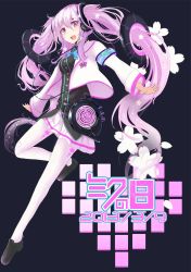 Rule 34 | 10s, 1girl, 39, 2013, armband, beniyosweet009, black background, bow, bowtie, character name, dated, hair ornament, hatsune miku, headphones, highres, long hair, open mouth, pantyhose, pink eyes, pink hair, sakura miku, simple background, skirt, solo, twintails, very long hair, vocaloid