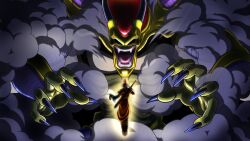 Rule 34 | 1boy, 1other, artist request, black horns, bug, colored skin, dragon ball, dragon ball xenoverse, dragonball z, facing another, facing away, fingernails, floating, floating scarf, game cg, glowing, highres, hirudegarn, horns, loading screen, looking down, mohawk, monster, official art, official wallpaper, open mouth, pink skin, pointy ears, red hair, scabbard, scarf, sharp fingernails, sharp teeth, sheath, sheathed, smoke, sword, tapion, teeth, third-party source, tongue, weapon