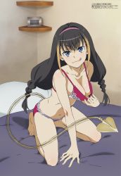 Rule 34 | 1girl, :d, barefoot, black hair, blue eyes, bra, braid, breasts, cleavage, gradient hair, highres, lessar, lingerie, multicolored hair, official art, open mouth, panties, smile, solo, tail, toaru majutsu no index, tongue, underwear