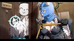 Rule 34 | 1boy, 2girls, 2ta2ta, ^ ^, animal ear fluff, animal ears, doodle sensei (blue archive), balaclava, black dress, black gloves, black hair, blue archive, blue eyes, blue hair, breasts, cleavage, closed eyes, closed mouth, door, dress, gloves, grey hair, halo, highres, holding, holding pliers, large breasts, letterboxed, long hair, multiple girls, pliers, scarf, sensei (blue archive), shiroko (blue archive), shiroko terror (blue archive), shirt, sign, smile, white shirt, wide sleeves