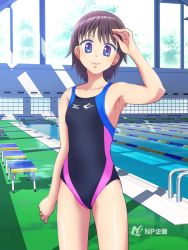 Rule 34 | 1girl, blue eyes, brown hair, competition swimsuit, mizuno (brand), one-piece swimsuit, pool, swimsuit