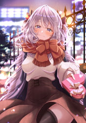 Rule 34 | 1girl, absurdres, black thighhighs, blurry, blurry background, blush, brown skirt, building, chocolate, city lights, closed mouth, coat, commentary request, fate/grand order, fate (series), gift, highres, holding, huge filesize, long hair, long sleeves, looking at viewer, marie antoinette (fate), night, outdoors, outstretched arm, purple coat, purple eyes, railing, red scarf, scarf, sidelocks, signature, silver hair, skirt, smile, solo, sweater, thighhighs, thighs, totomiya, valentine, white sweater