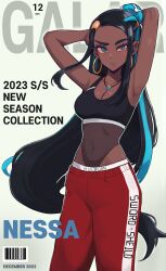 Rule 34 | 1girl, absurdres, armpits, arms behind head, arms up, bare shoulders, black hair, blue eyes, blue hair, breasts, cleavage, cover, creatures (company), crop top, dark-skinned female, dark skin, earrings, game freak, highres, jewelry, long hair, looking at viewer, magazine cover, masgamjya, medium breasts, nessa (pokemon), nintendo, pants, parted lips, pokemon, pokemon swsh, sleeveless, solo