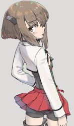 Rule 34 | 1girl, bike shorts, blush, brown eyes, brown hair, corset, flat chest, from behind, grey background, head tilt, headband, headgear, kantai collection, long sleeves, monaka ooji, pleated skirt, red skirt, short hair, shorts, shorts under skirt, simple background, skirt, solo, taihou (kancolle)