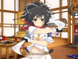 1girl ascot asuka_(senran_kagura) black_hair blush breasts brown_eyes chair closed_mouth dual_wielding gears hair_ribbon hanzou_academy_uniform holding holding_sword holding_weapon indoors large_breasts looking_at_viewer midriff_peek navel ninto_(senran_kagura) official_art orange_ascot pleated_skirt ponytail red_scarf reverse_grip ribbon scarf school_uniform senran_kagura senran_kagura_shoujo-tachi_no_shin&#039;ei serafuku shirt short_hair short_ponytail short_sleeves shouji shuriken skirt sliding_doors solo sword table television tsuba_(guard) v-shaped_eyebrows wakizashi weapon white_ribbon white_serafuku white_shirt white_skirt yaegashi_nan