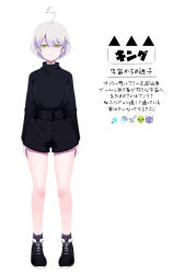 Rule 34 | 1girl, ahoge, arms at sides, black footwear, black shirt, black shorts, character profile, commentary request, copyright request, green eyes, grey socks, hair between eyes, indie virtual youtuber, khibiki, long sleeves, ribbed legwear, shirt, shoes, short hair, short shorts, shorts, silver hair, simple background, sneakers, socks, solo, standing, virtual youtuber, white background