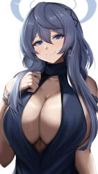 Rule 34 | 1girl, ako (blue archive), ako (dress) (blue archive), blue archive, blue dress, blue eyes, blue hair, blush, breasts, cleavage, closed mouth, dress, earrings, hair between eyes, highres, jewelry, kanzaki kureha, large breasts, long hair, looking at viewer, official alternate costume, sideboob, simple background, sleeveless, sleeveless dress, smile, solo, upper body, white background