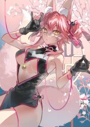 Rule 34 | 1girl, absurdres, animal ear fluff, animal ears, bell, black dress, black gloves, blush, breasts, center opening, china dress, chinese clothes, double bun, dress, fate/grand order, fate (series), fox ears, fox girl, fox tail, glasses, gloves, hair between eyes, hair bun, highres, jingle bell, koyanskaya (chinese lostbelt outfit) (fate), koyanskaya (fate), large breasts, long hair, looking at viewer, open mouth, pink hair, poppoman, side slit, sidelocks, sleeveless, sleeveless dress, solo, tail, tamamo (fate), tassel, thighs, underboob, yellow eyes