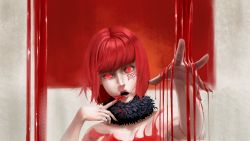 Rule 34 | 1girl, bare shoulders, cookies (hadasui1986), drawing on another&#039;s face, facial mark, finger to mouth, fur collar, fur trim, glowing, glowing eyes, half-closed eye, highres, liquid, looking at viewer, nail polish, open mouth, outstretched hand, red eyes, red hair, red lips, red nails, short hair, solo, subete ga f ni naru, teeth, uneven eyes