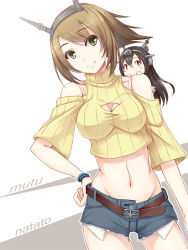 Rule 34 | 10s, 2girls, alternate costume, bare shoulders, belt, black hair, blush stickers, bracelet, breasts, brown hair, casual, cleavage cutout, clothing cutout, contemporary, cowboy shot, crop top, detached sleeves, green eyes, groin, hand on own hip, headgear, jewelry, kantai collection, looking at viewer, meme attire, mini person, minigirl, multiple girls, mutsu (kancolle), nagato (kancolle), navel, open-chest sweater, pink eyes, ribbed sweater, short hair, short shorts, shorts, smile, sorano (12gou), stomach, sweater, typo