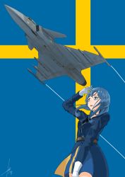 Rule 34 | 1girl, absurdres, aircraft, airplane, belt, black neckwear, blue eyes, blue hair, breasts, dated, flag background, gloves, gotland (kancolle), highres, jet, kantai collection, laminar flow, long hair, military, military uniform, open mouth, saab gripen, sailor collar, signature, solo, swedish flag, uniform, vehicle focus, white gloves
