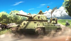 Rule 34 | 1boy, absurdres, aoi waffle, caterpillar tracks, commentary, commentary request, dust cloud, highres, military, military vehicle, motor vehicle, road, rusty front, scenery, smoke, tank, truck, turret, wreckage