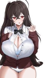 Rule 34 | 1girl, absurdres, ahoge, azur lane, black bow, black bowtie, black hair, bow, bowtie, bra, bra visible through clothes, breasts, button gap, cleavage, collared shirt, commission, crossed bangs, hand on own chest, hand up, highres, huge ahoge, huge breasts, jacket, long hair, long sleeves, looking at viewer, no pants, official alternate costume, one side up, panties, partially unbuttoned, pixiv commission, red eyes, red jacket, school uniform, shirt, taihou (azur lane), taihou (sweet time after school) (azur lane), tongtangtong, tongue, tongue out, underwear, uniform, white background, white bra, white panties, white shirt
