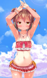 Rule 34 | 1girl, armpits, arms up, bare shoulders, bikini, brown hair, cafe-chan to break time, cafe (cafe-chan to break time), coffee beans, day, double bun, flat chest, food-themed ornament, hair bun, headphones, looking at viewer, navel, one-piece tan, original, porurin (do-desho), scrunchie, shiny skin, sky, solo, swimsuit, tan, tanline, wrist cuffs, wrist scrunchie, yellow eyes