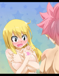 Rule 34 | 1boy, 1girl, blonde hair, blush, breasts, fairy tail, gaston18, highres, large breasts, long hair, lucy heartfilia, natsu dragneel, nude, tagme