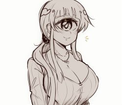Rule 34 | 1girl, absurdres, breasts, cleavage, cyclops, drawfag, highres, hitomi sensei no hokenshitsu, jewelry, large breasts, manaka hitomi, monochrome, necklace, one-eyed, ponytail, scrunchie, sketch, smile, solo, upper body