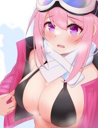 Rule 34 | 1girl, absurdres, bikini, black bikini, blue archive, breasts, commentary request, eimi (blue archive), eimi (swimsuit) (blue archive), fashionmagjin, goggles, highres, large breasts, medium hair, official alternate costume, pink hair, purple eyes, scarf, sidelocks, ski goggles, solo, swimsuit, upper body, white scarf