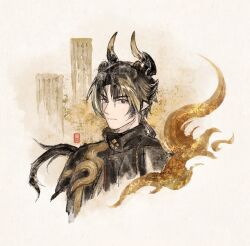 Rule 34 | 1boy, arknights, black hair, black horns, brown hair, brown horns, chinese clothes, chinese commentary, chong yue (arknights), closed mouth, commentary request, cropped torso, dragon boy, dragon horns, expressionless, high collar, highres, horns, keran kongyu, long hair, looking at viewer, male focus, multicolored hair, orange eyes, sample watermark, solo, streaked hair, watermark